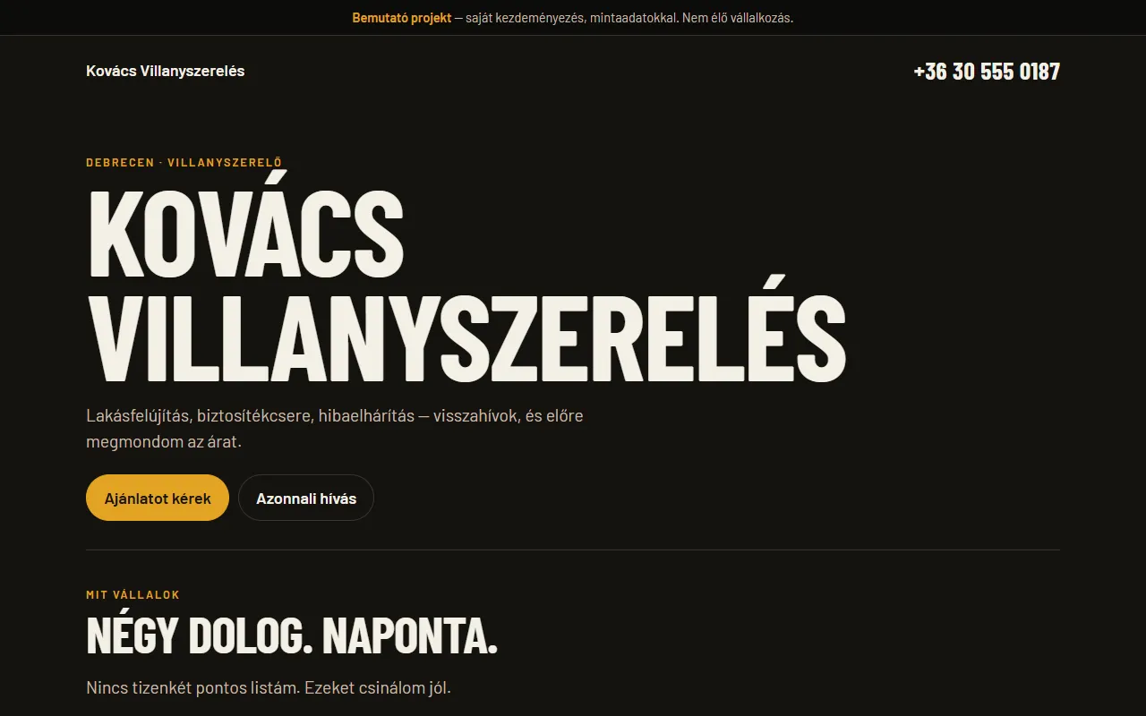 Kovács Villanyszerelés bemutató oldal: név, szolgáltatások röviden, ajánlatkérés és hívás gomb