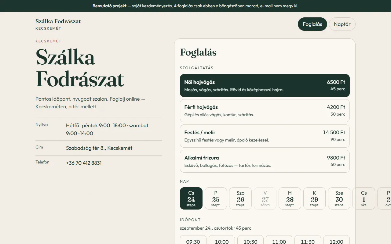 Szálka Fodrászat bemutató foglaló: szolgáltatások, napválasztó és időpontok